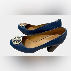 Tory Burch Navy Blue Leather Janey Block Heel Pumps Sz 9.5